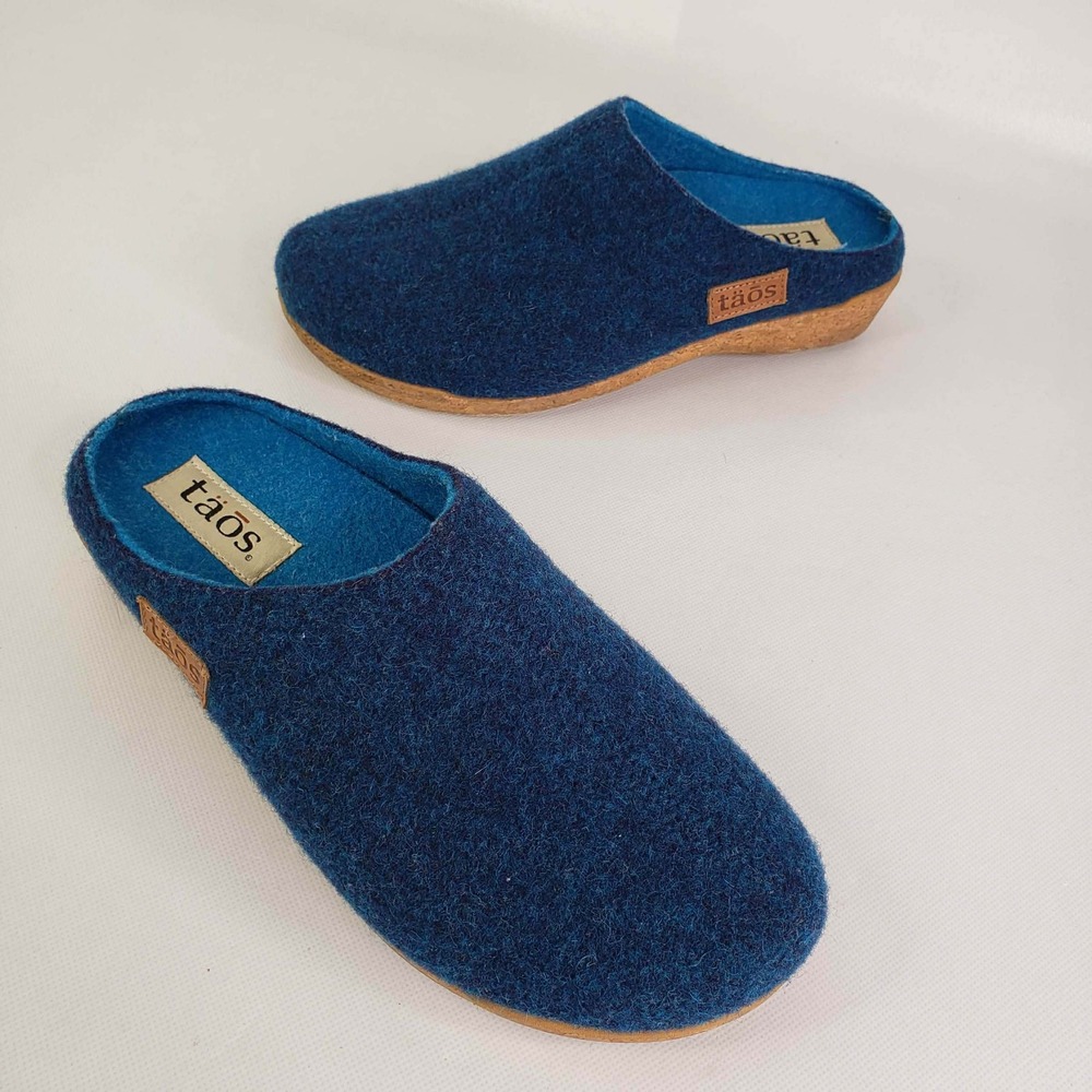 Taos Woollery Clogs Women 39 US 8.5 Blue Boiled Wool Cork Mules Comfort Shoes